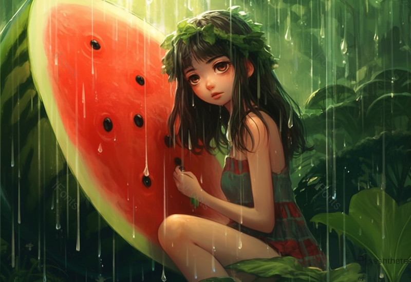 自然主义夏天夏日女孩坐在巨型西瓜上沉思儿童节唯美插画,插画/手绘图,插画/手绘图库,插画/手绘图下载,插画/手绘